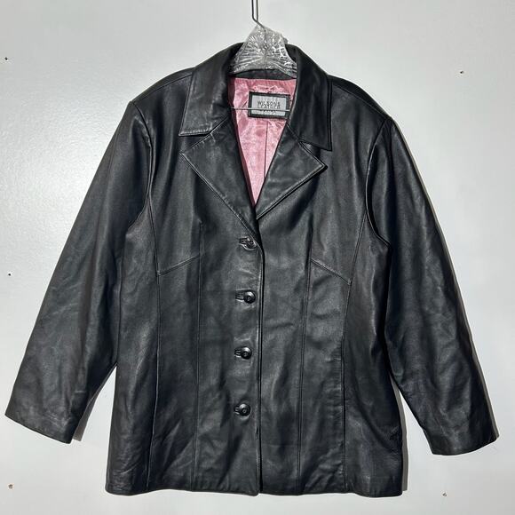 Vintage Wilson Leather Maxima Pink Lining Black Button Up Coat Jacket Women’s L - Picture 1 of 9